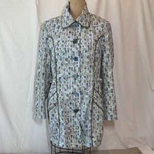 Baabaazuzu Geometric Green and Blue Geometric Patterned Cotton Canvas Trench